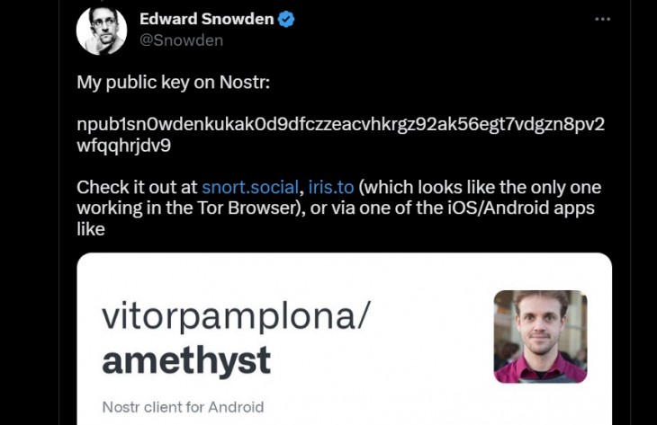 Edward Snowden publica su ID de Nostr en Twitter.