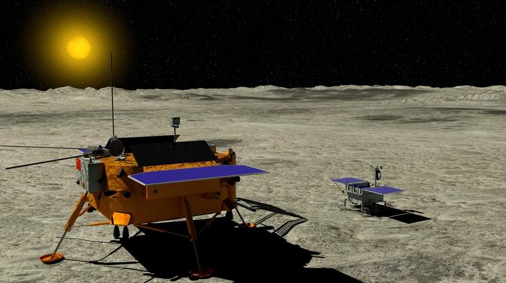 A holdkutatató Yutu 2 leszármazottja, a kínai Chang e 4 Hold-szonda leszállt a Hold felszínén 2019. január 3-án, háttérben a Nap. Illusztráció: Depositphotos