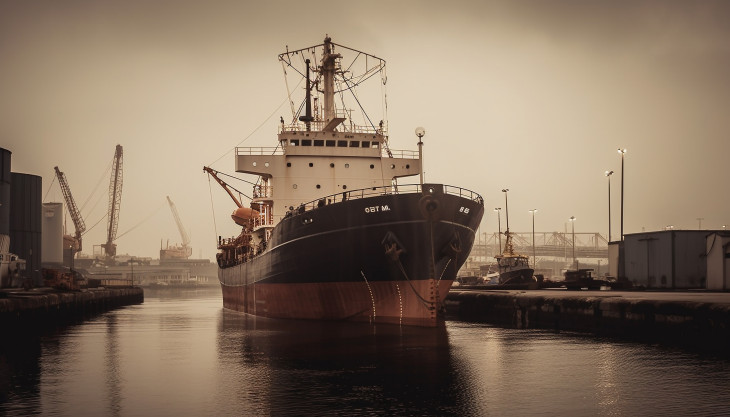 Olajat szállító kereskedelmi hajó egy kikötőben