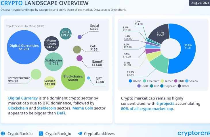 A kriptovaluták főbb csoportjai. A bitcoin természetesen a legnagyobb súlyú fizetési szektorban van (kékkel). Forrás: Cryptoranking.com