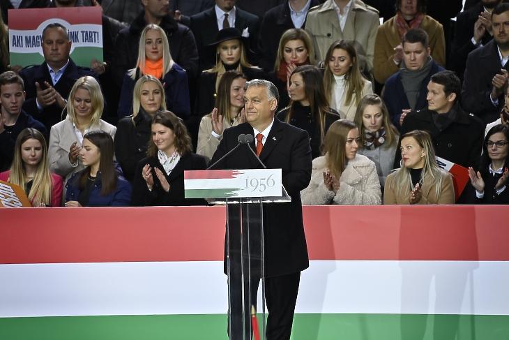 Orbán Viktor miniszterelnök ünnepi beszédet mond az 1956-os forradalom és szabadságharc 65. évfordulóján tartott megemlékezésen 2021. október 23-án. MTI/Koszticsák Szilárd