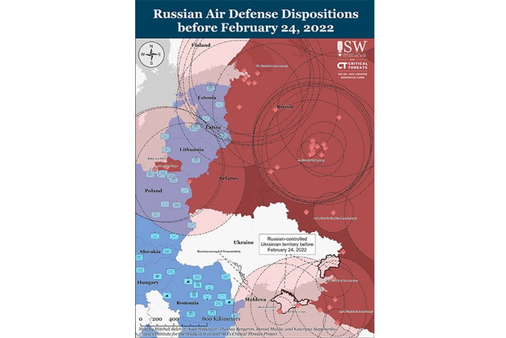 Az orosz légvédelem állásai és hatótávolsága az orosz invázió előtt. Forrás: ISW