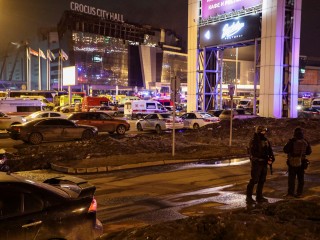 A terrortámadás helyszíne, a Crocus City Hall épülete a Moszkva környéki Krasznogorszkban 2024. március 22-én. 