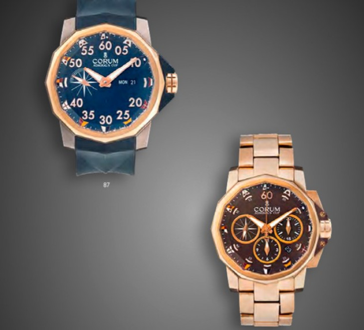 Balra a 750 ezer forintos Corum Admiral's Competititon, jobbra az 5,5 millió forintos Corum Admiral's Cup Challenger arany férfi karóra
