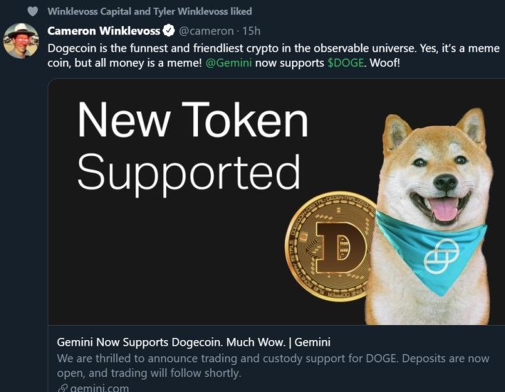 A Gemini tőzsde egyik tulajdonosa, Cameron Winklevoss üzenete a dogecoin bevezetéséről. Mennyit ér? (Forrás: Twitter.com)