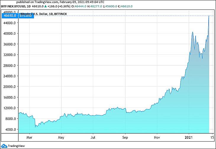 A bitcoin árfolyama dollárban, egy év alatt (Tradingview.com)