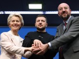 Ursula von Der Leyen, Volodimir Zelenszkij és Charles Michel Brüsszelben 2023. február 9-én. Fotó: Európai Tanács  