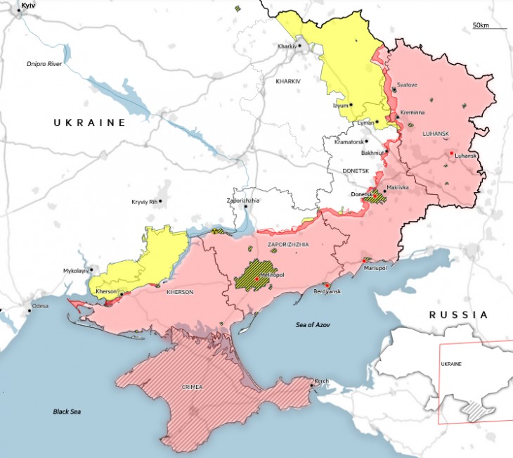 Frontvonalak Dél- és Kelet-Ukrajnában 2023. február közepén. Pirossal az Oroszország által elfoglalt területek, sárgával az Ukrajna által visszafoglalt területek vannak jelölve. Forrás: Financial Times